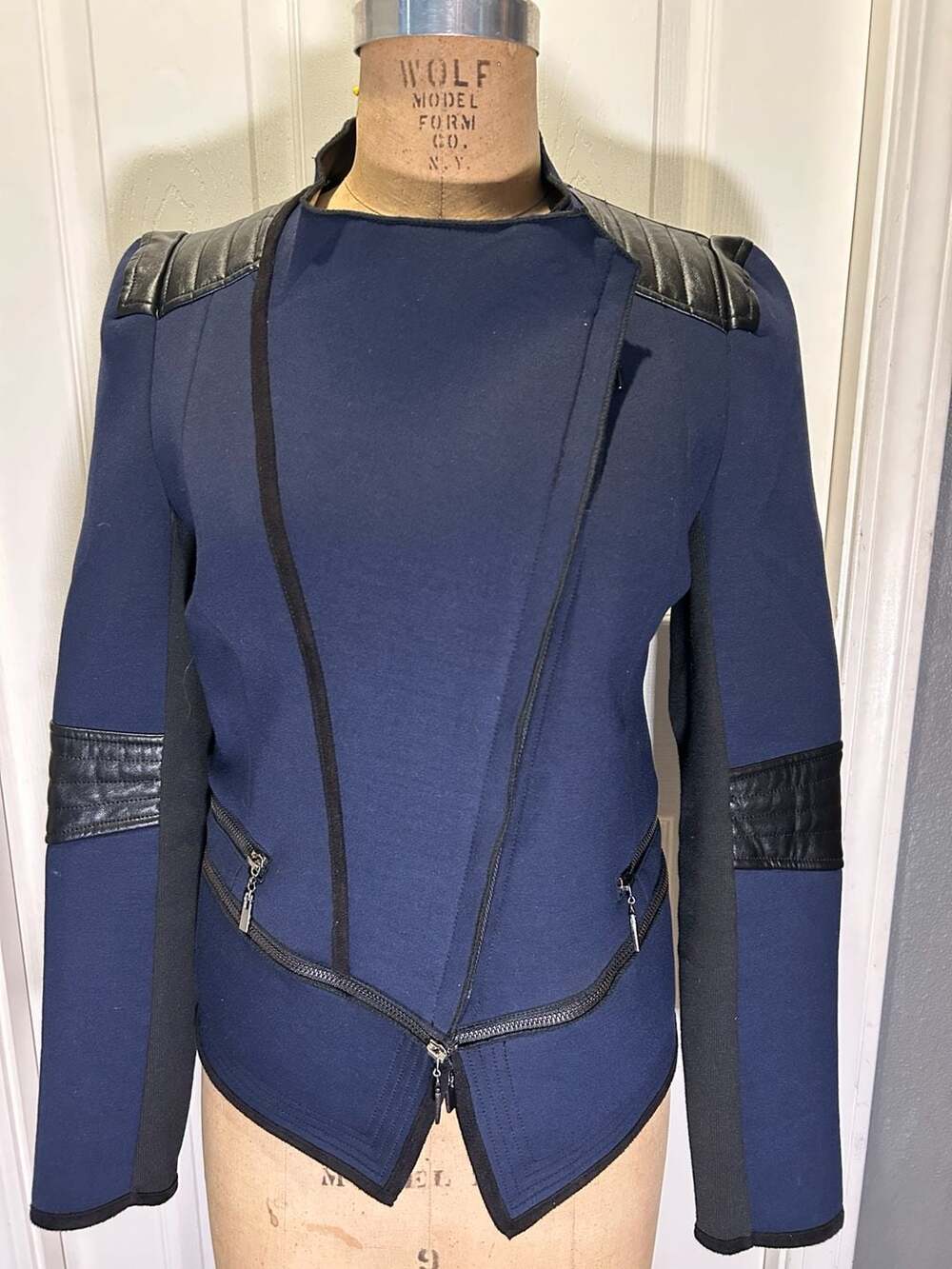 COMME USA Moto Jacket Size M Navy Blue Faux Leather Quilted